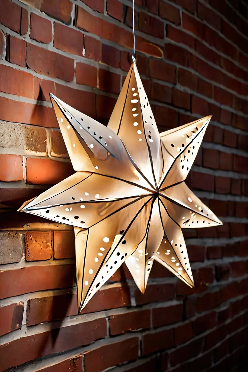 Paper Star Lanterns White perforated paper star lantern glowing softly for hanging lights for patio ideas