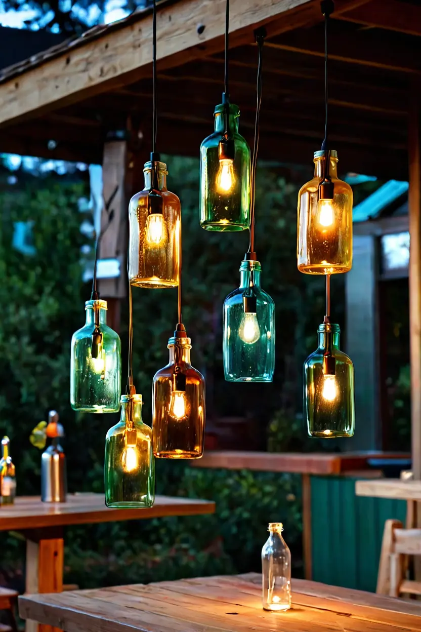 Recycled Bottle Pendant Lamps Recycled glass bottle pendant lamps adding color to hanging lights for patio ideas