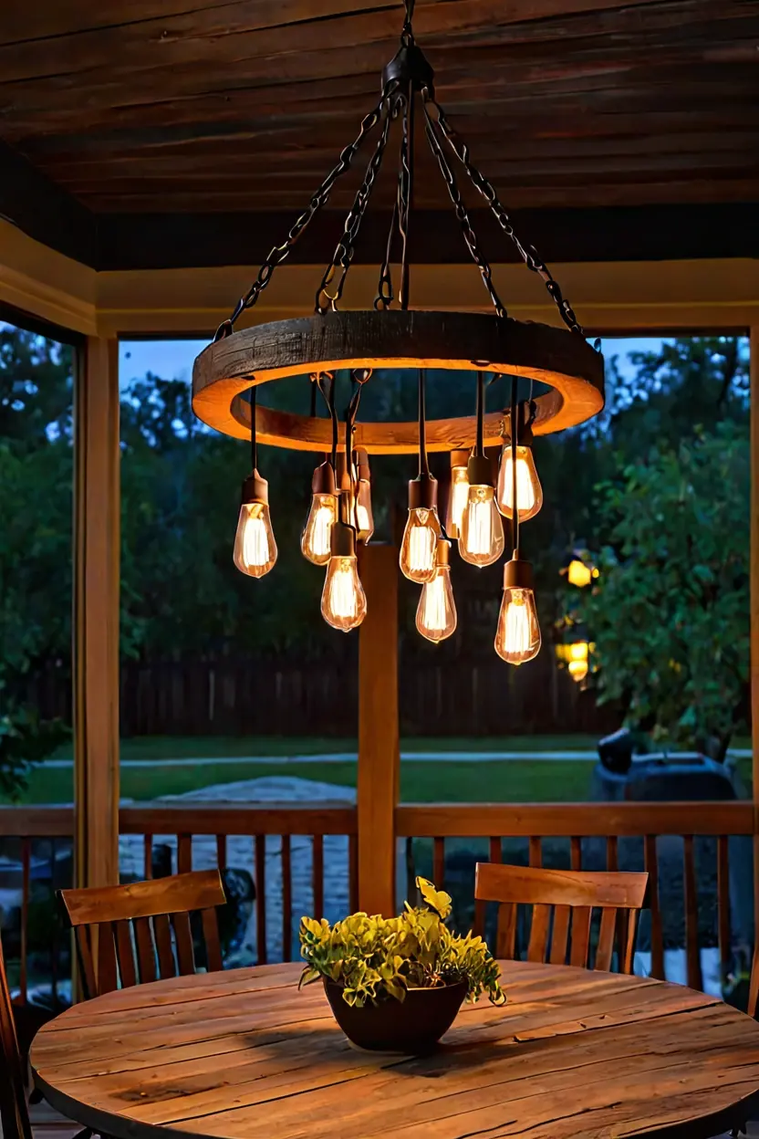 Rustic Wagon Wheel Chandeliers Rustic wooden wagon wheel chandelier providing warm illumination for hanging lights for patio ideas
