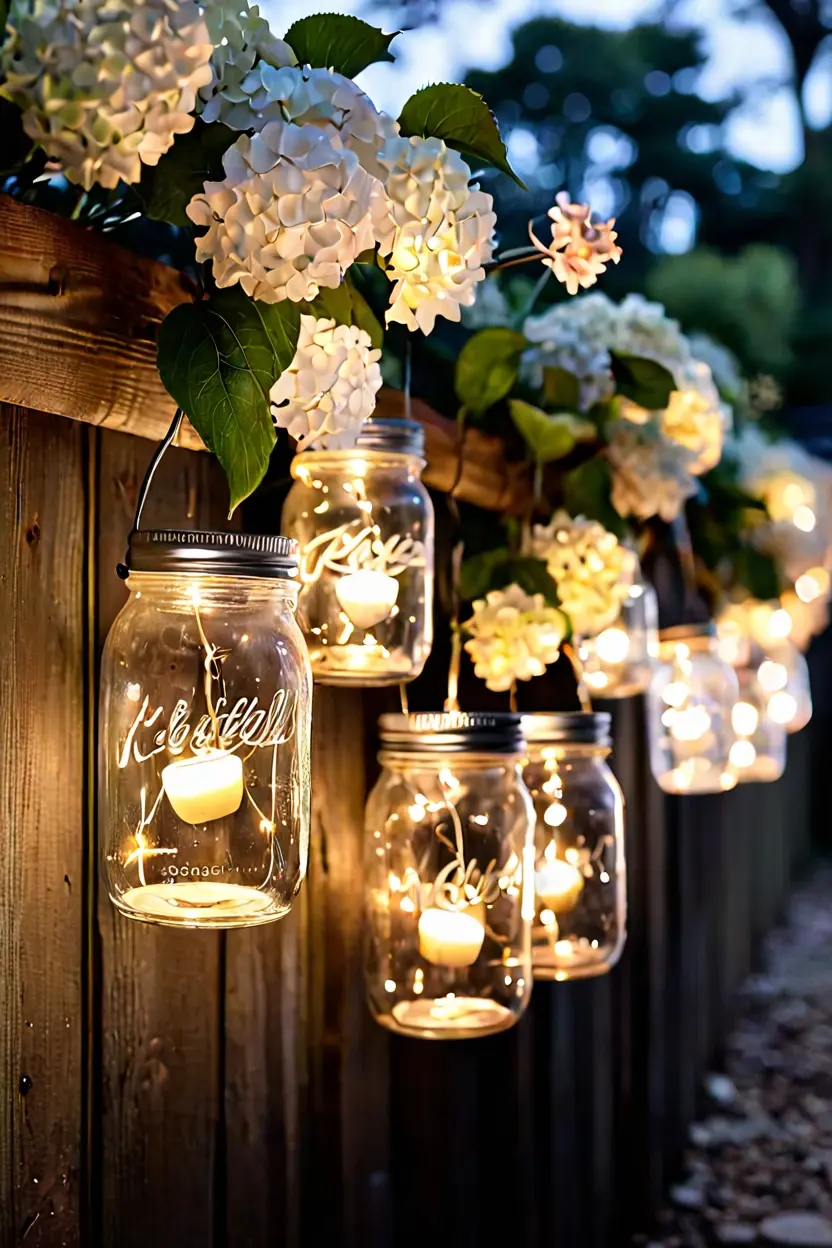 Solar Powered Mason Jars Mason jar fairy lights hanging on a fence for DIY hanging lights for patio ideas.