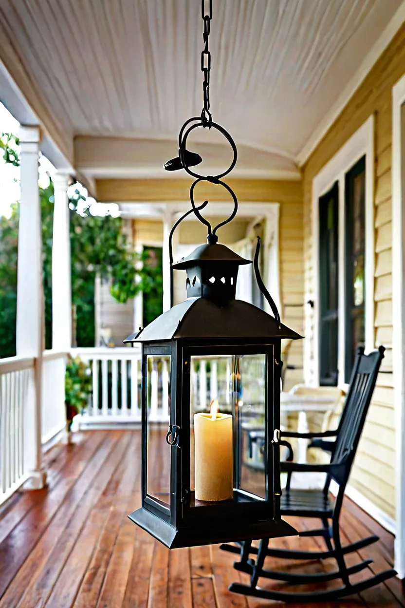 Vintage Carriage Lanterns Traditional carriage lantern hanging from a porch ceiling for classic hanging lights for patio ideas.