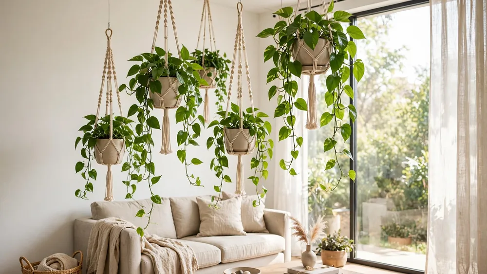 Lush hanging plants in macrame hangers by a bright window – home decor idea
