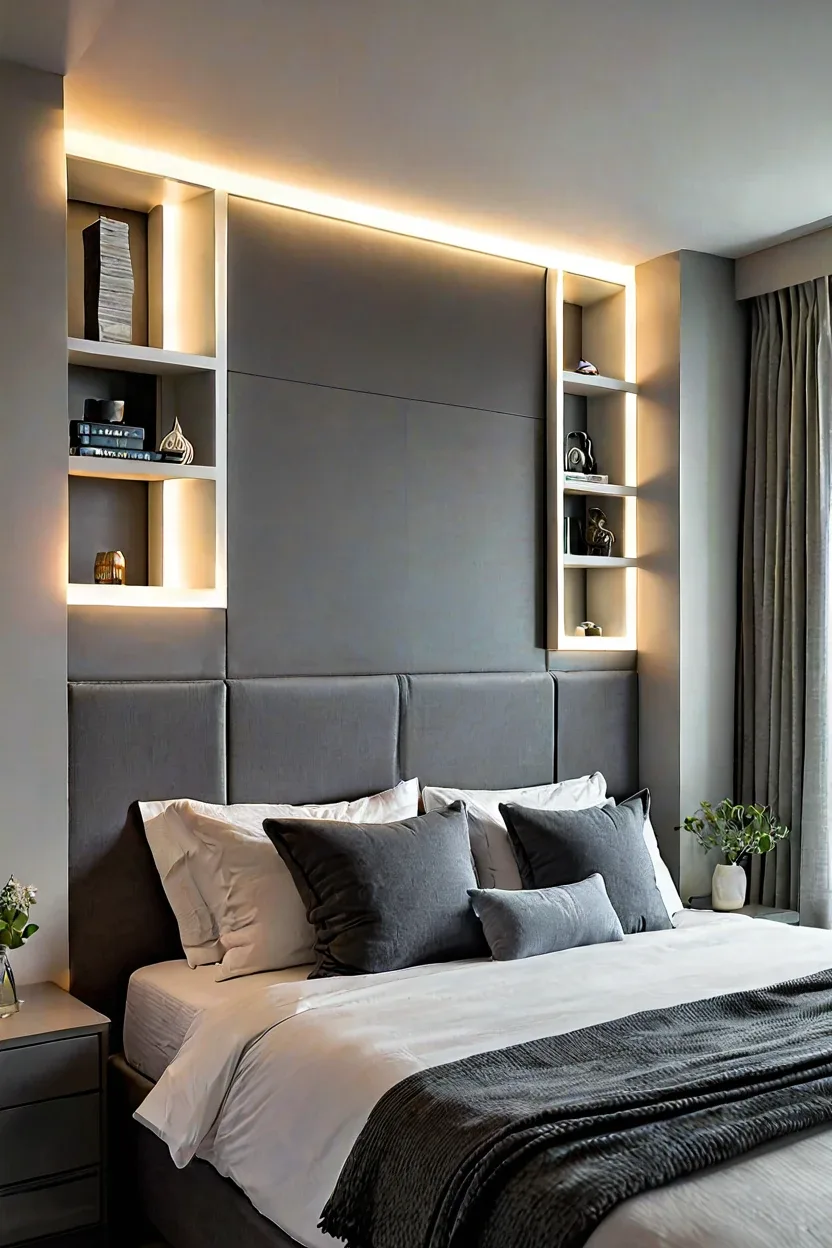 Contemporary bedroom with built-in illuminated niches showcasing modern headboard ideas.