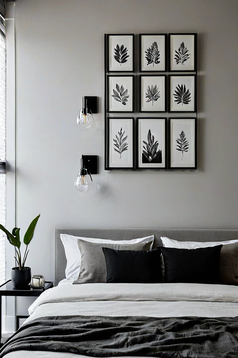 Minimalist bedroom with a clear glass display shelf showcasing modern headboard ideas.