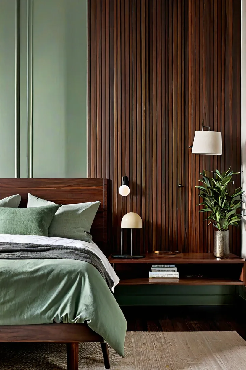 Mid-century bedroom with a geometric walnut slat design among trending headboard ideas.