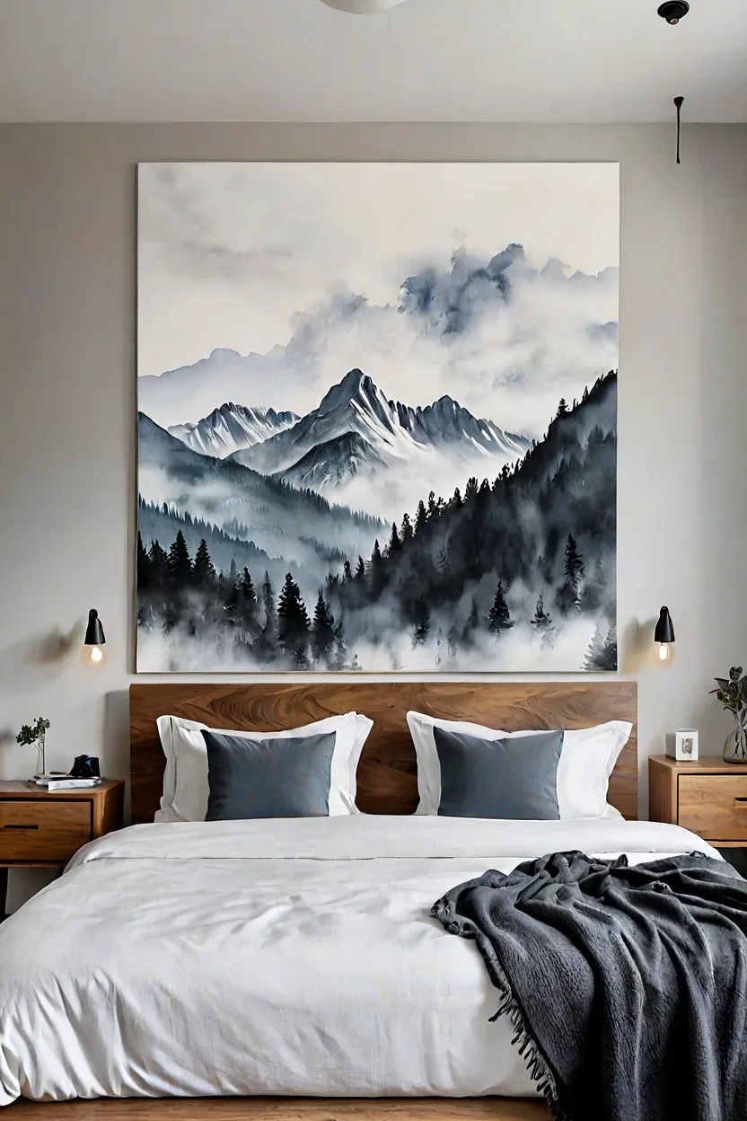 Artsy bedroom with a hand-painted mountain mural featuring creative headboard ideas.