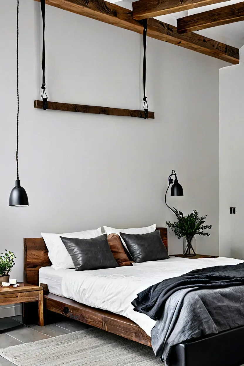 Rustic modern bedroom with a hanging timber beam demonstrating creative headboard ideas.