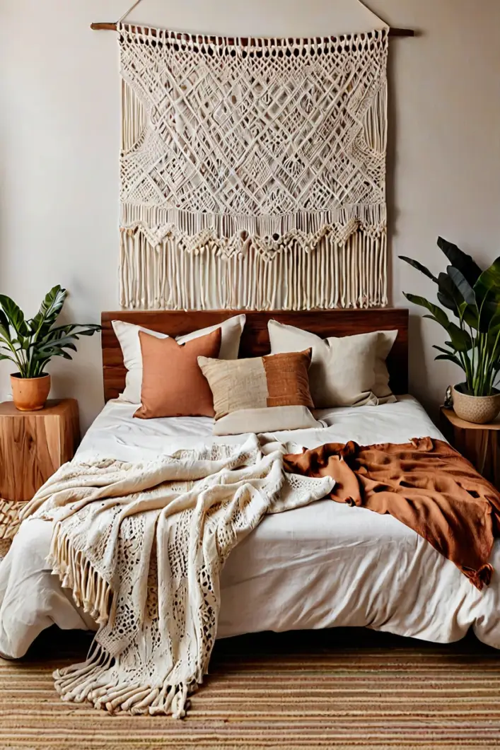 Boho bedroom with an intricate macrame wall hanging representing creative headboard ideas.