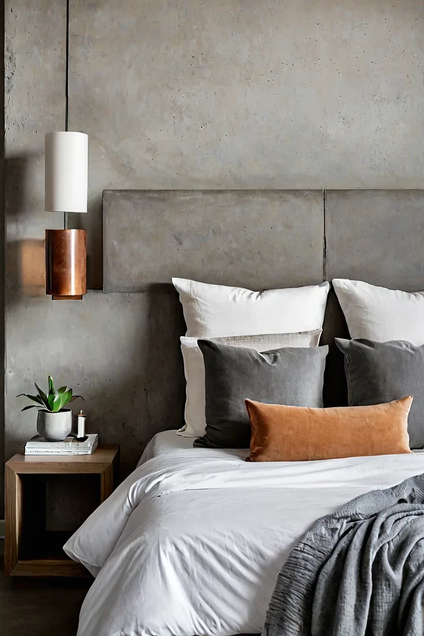 Modern industrial bedroom featuring a concrete panel headboard ideas setup with warm lighting.