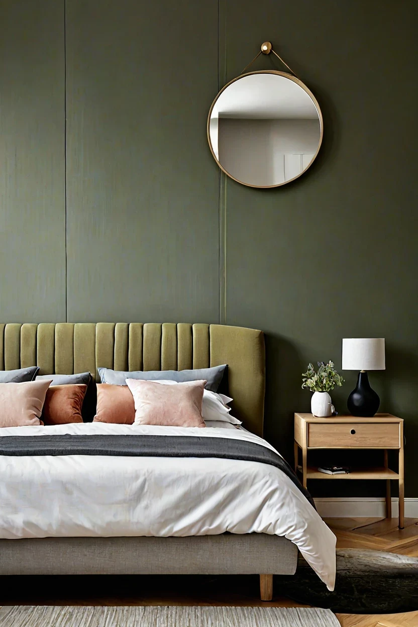 Scandinavian bedroom featuring an oversized circular upholstered headboard ideas layout.