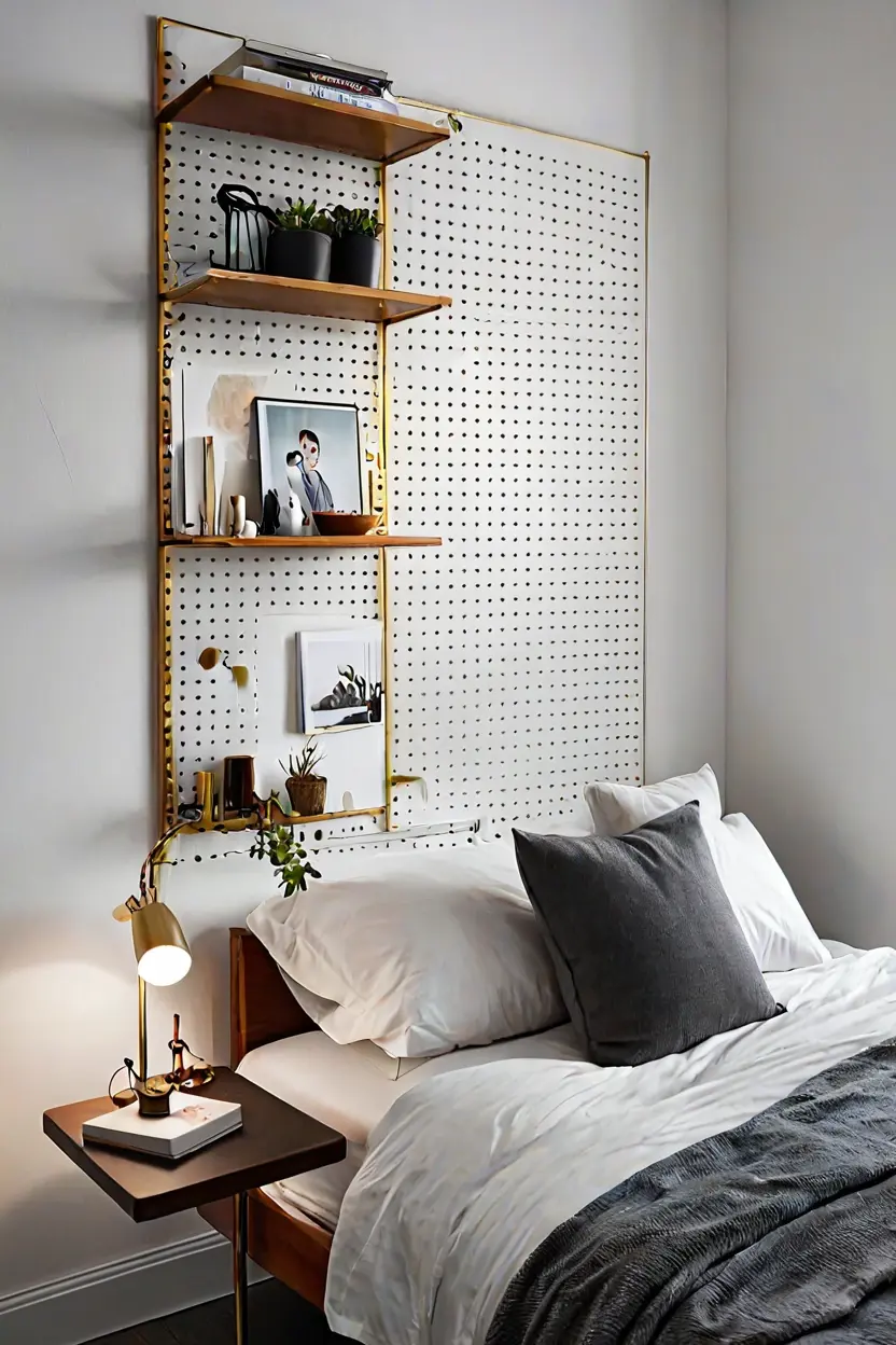 Urban loft bedroom with a perforated metal pegboard highlighting industrial headboard ideas.