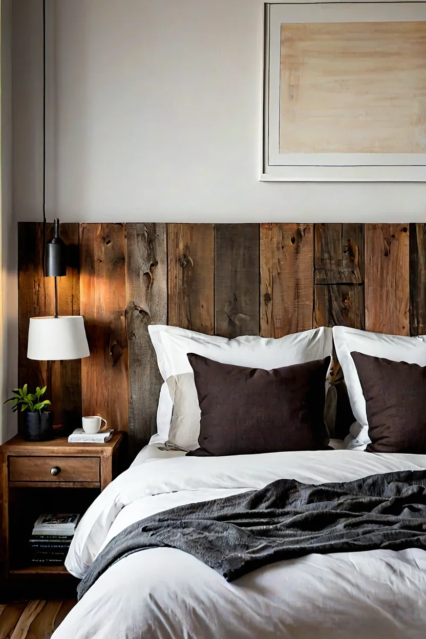 Rustic reclaimed wood plank headboard ideas for natural bedroom decor