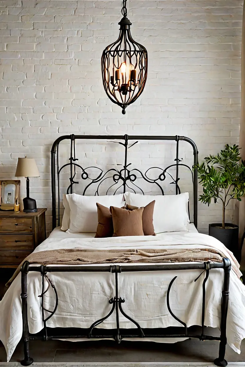Eclectic bedroom utilizing a salvaged iron gate for unique vintage headboard ideas.