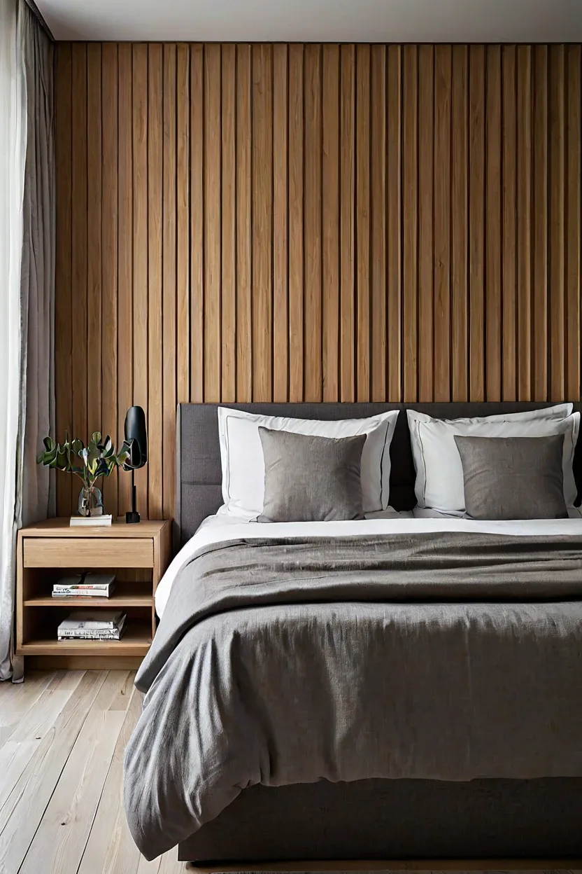 Modern vertical slatted wood headboard ideas for architectural interest
