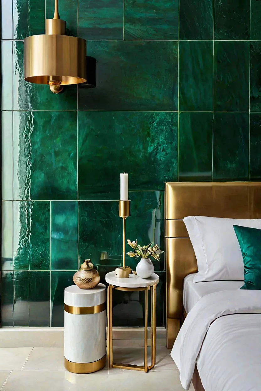 Mediterranean bedroom featuring a glossy green tile accent wall among stylish headboard ideas.