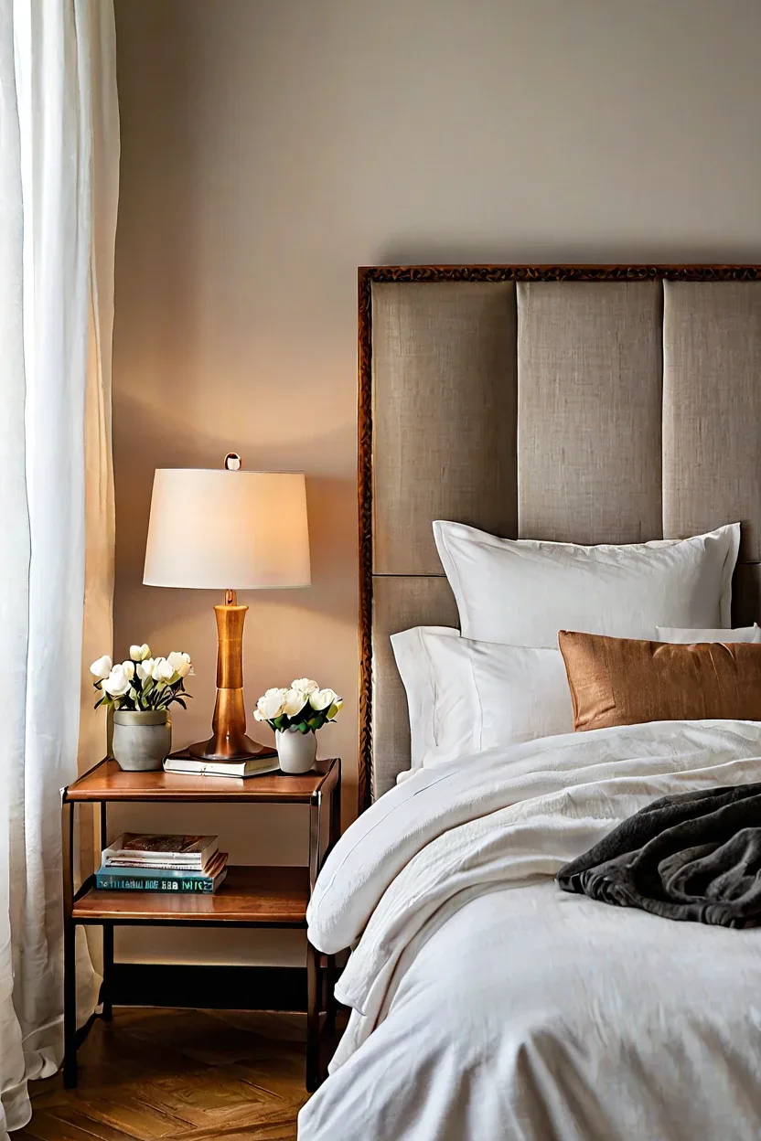 Cozy bedroom interior with a linen upholstered folding screen used as clever headboard ideas