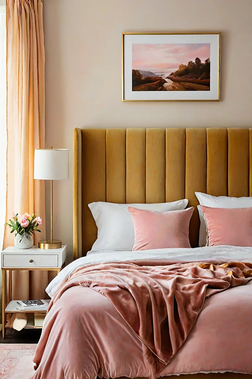 Cozy bedroom featuring a plush pink scalloped upholstered headboard ideas design.