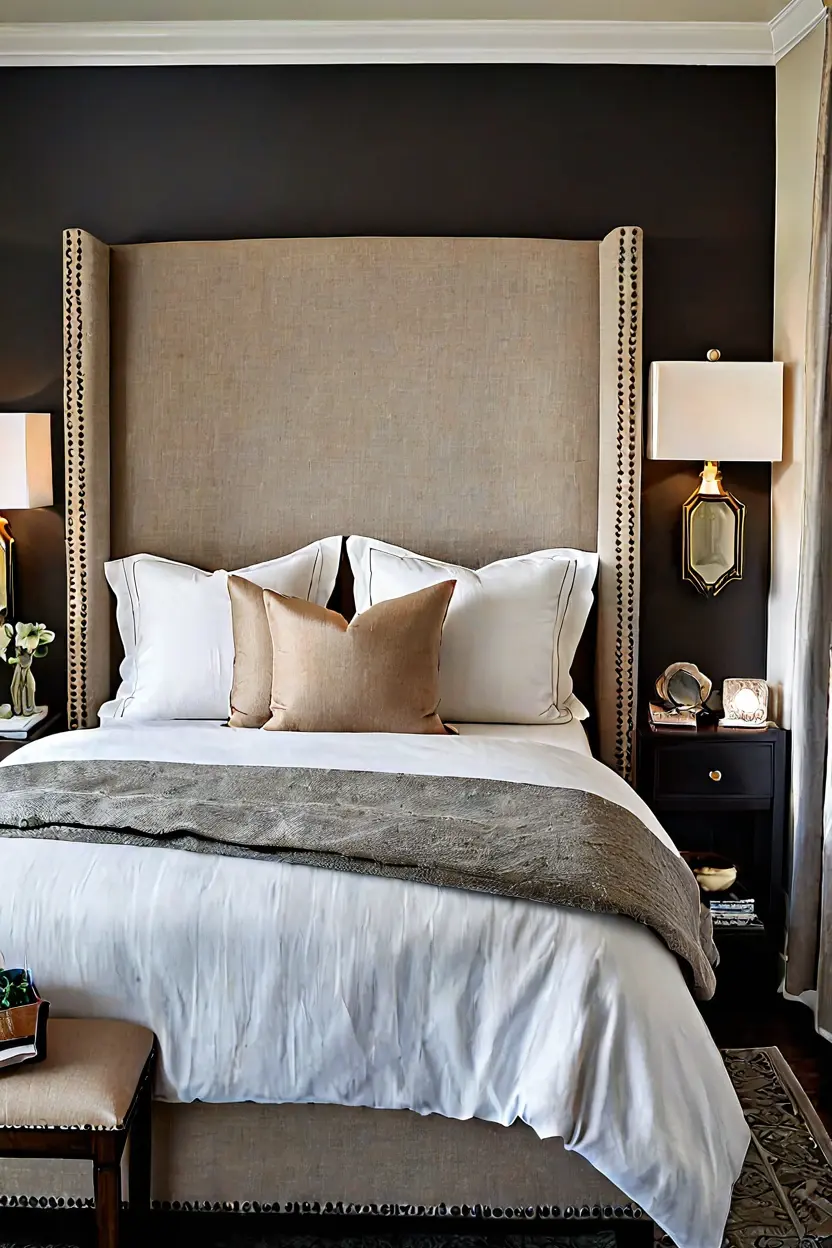 Classic wingback headboard ideas in neutral linen fabric