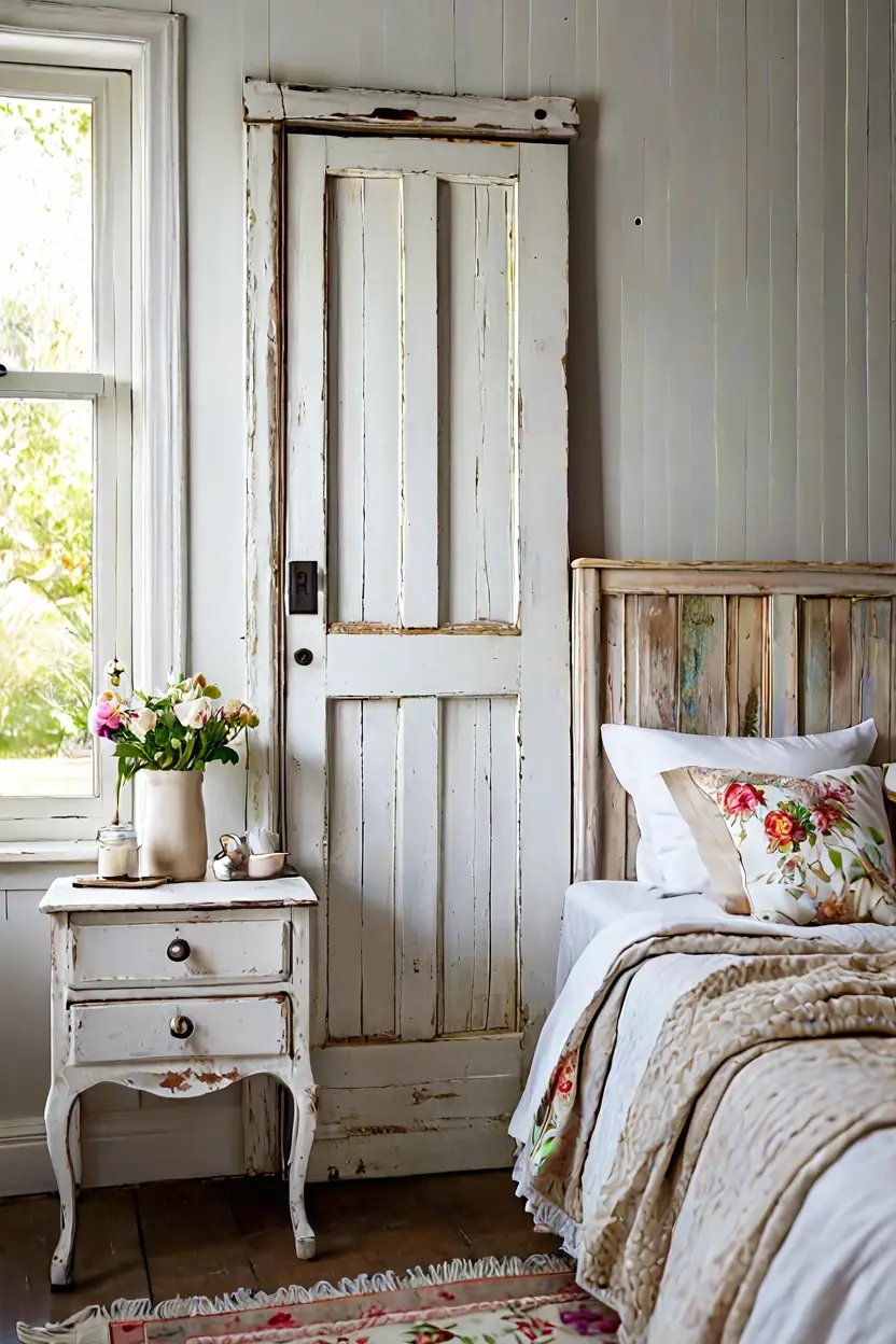 Repurposed vintage door headboard ideas for rustic cottage bedrooms
