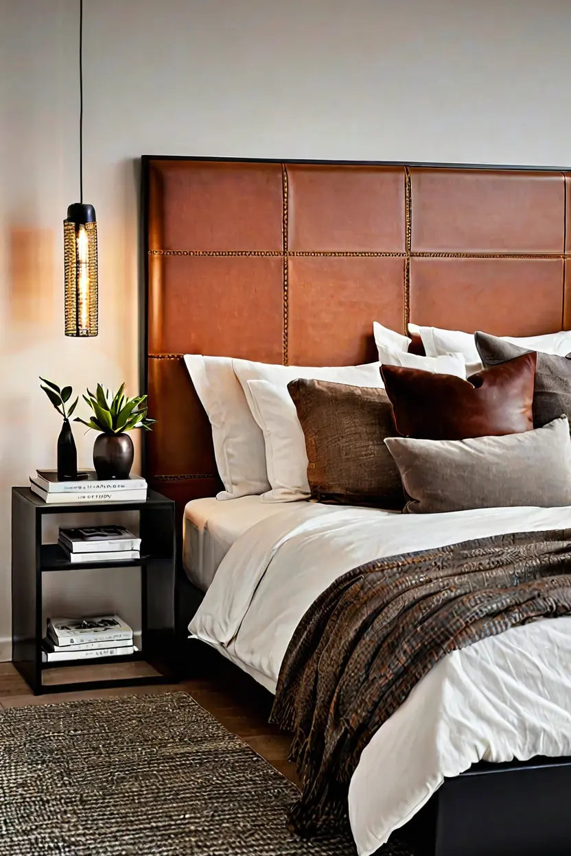 Modern bedroom featuring a woven cognac leather strap headboard ideas setup in natural light