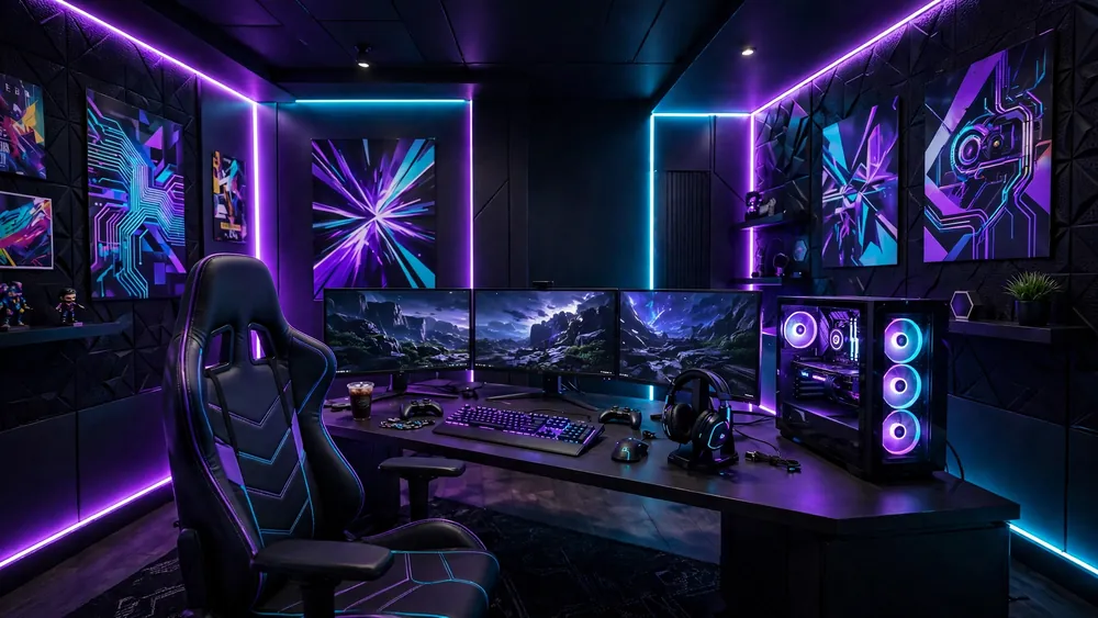 High-energy gaming room with triple monitors, racing chair and vibrant purple and cyan RGB lighting – home decor idea