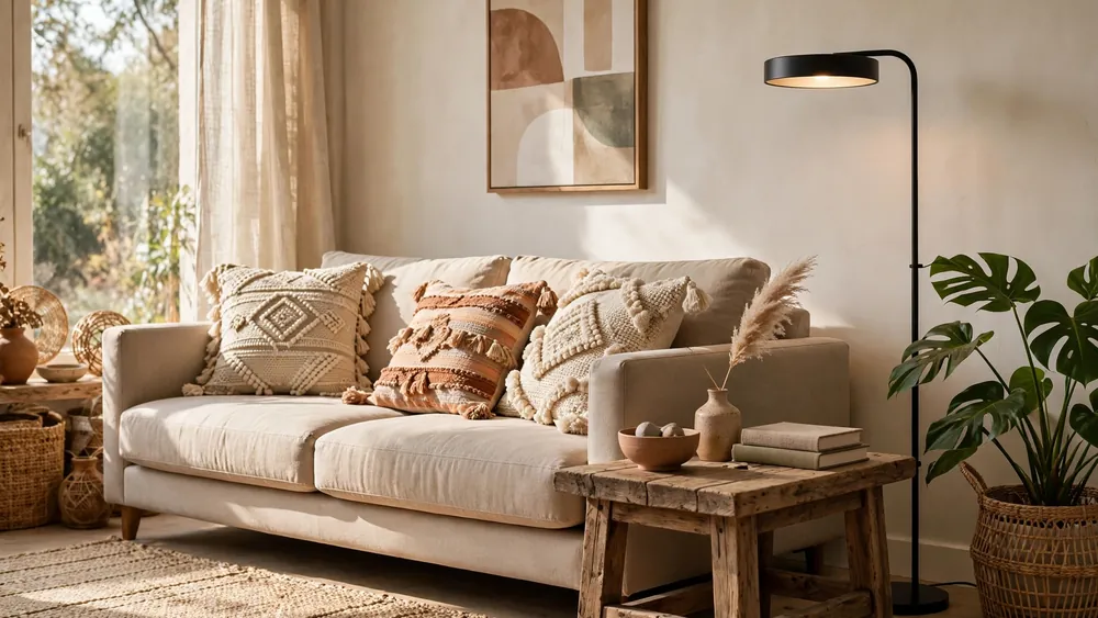 Inspiring living room blending modern, boho and rustic decor styles – home decor idea