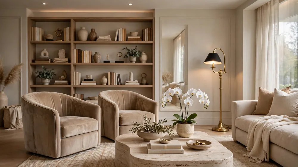 Elegant beige living room with velvet armchairs and brass floor lamp – home decor idea