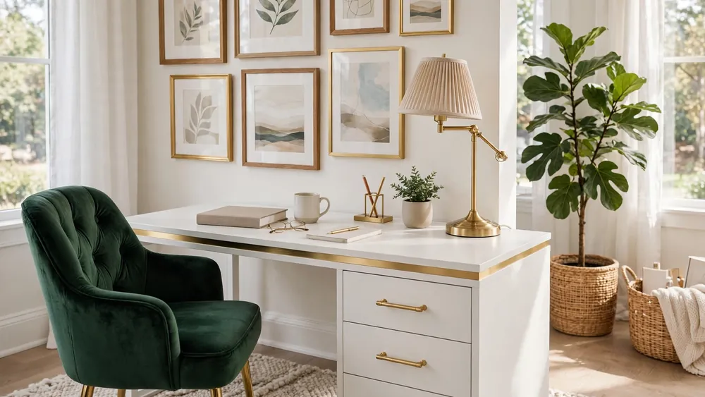 Beautifully decorated home office with gallery wall and velvet chair – home decor idea