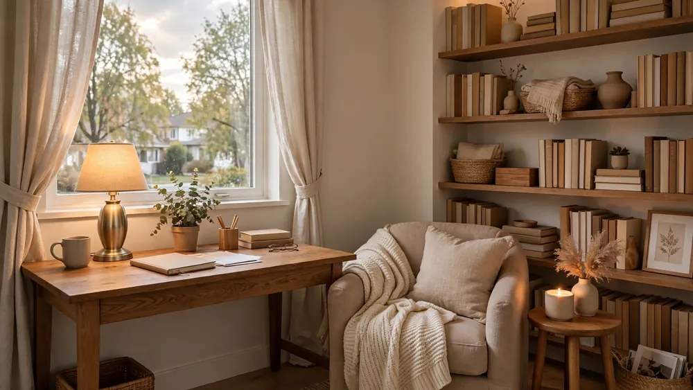 Cozy home office room with wooden desk, reading corner and bookshelves – home decor idea