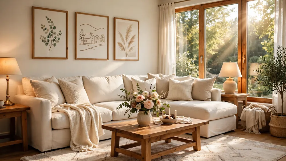 Beautiful welcoming living room with cream sectional sofa and fresh flowers – home decor idea