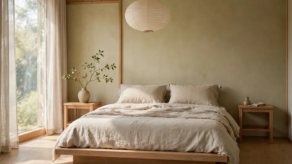 Calm Japandi bedroom with low wooden platform bed and paper lantern pendant – home decor idea
