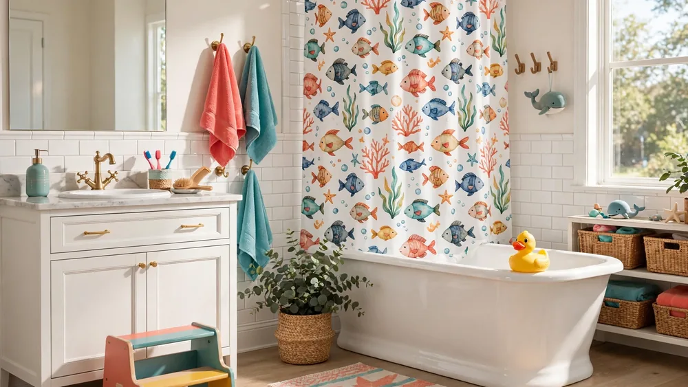Cheerful kids bathroom with colorful step stool, bright towels and playful fish shower curtain – home decor idea
