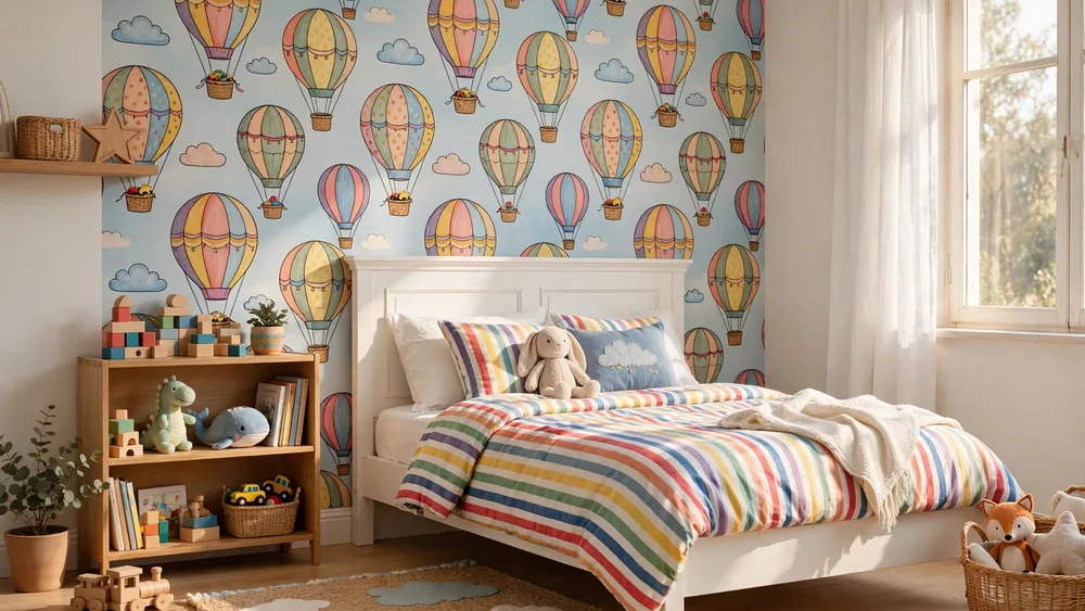Cheerful kids bedroom with hot-air-balloon wallpaper accent wall and rainbow bedding – home decor idea