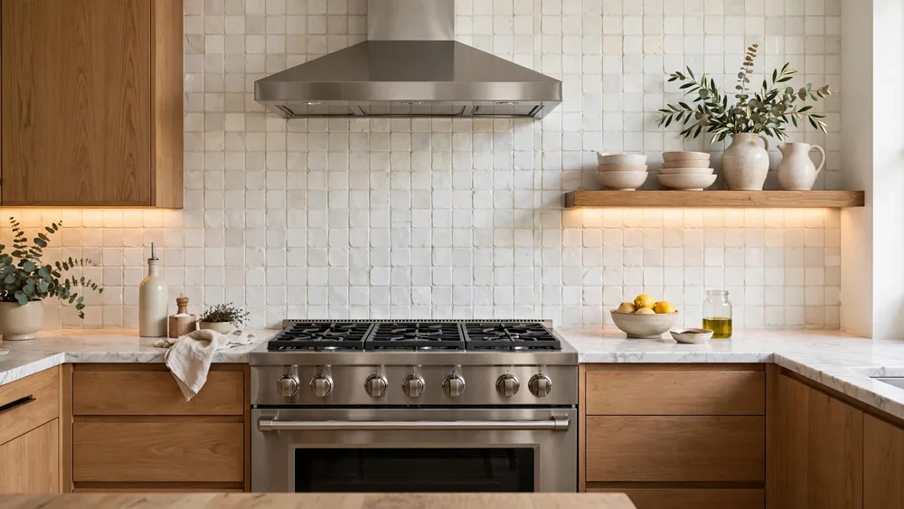 Modern kitchen with handmade zellige tile backsplash behind a professional range – home decor idea