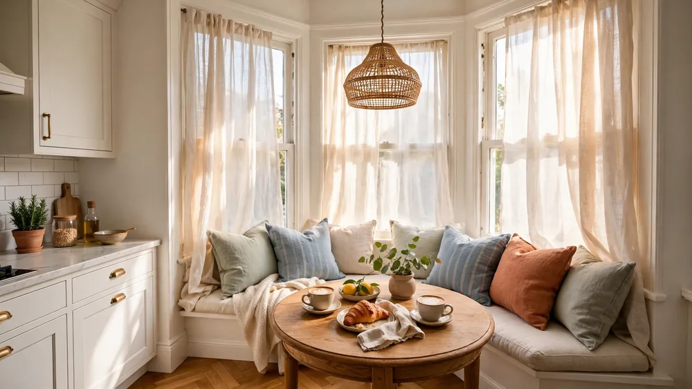 Bright kitchen breakfast nook with bay window seat and sheer curtains – home decor idea