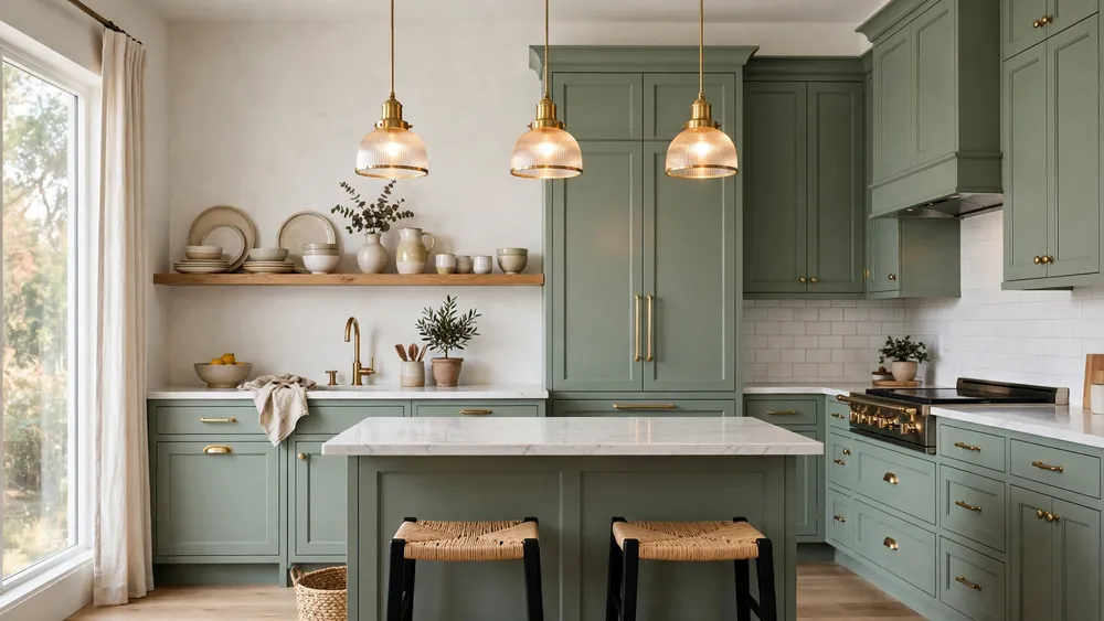 Modern kitchen with sage green shaker cabinets, brass hardware, marble island and pendant lights – home decor idea