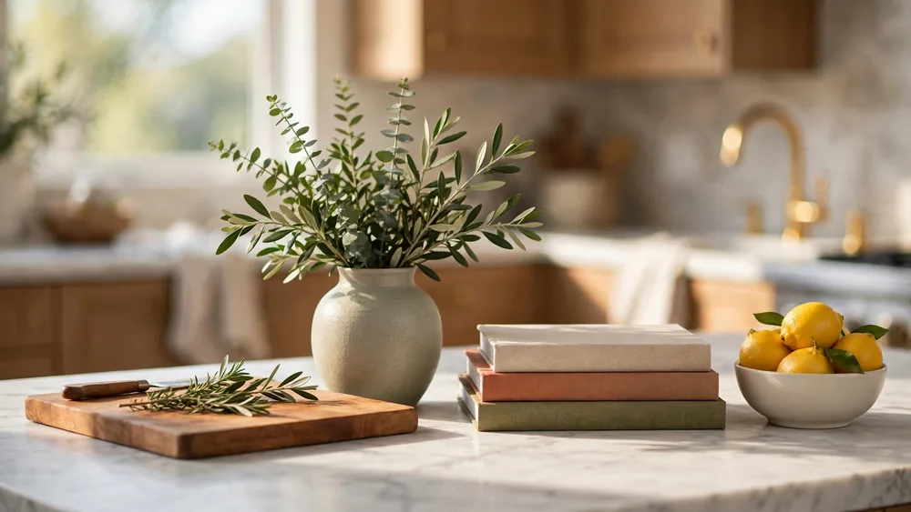 Styled kitchen countertop with marble surface, cutting board, vase with greenery and cookbooks – home decor idea