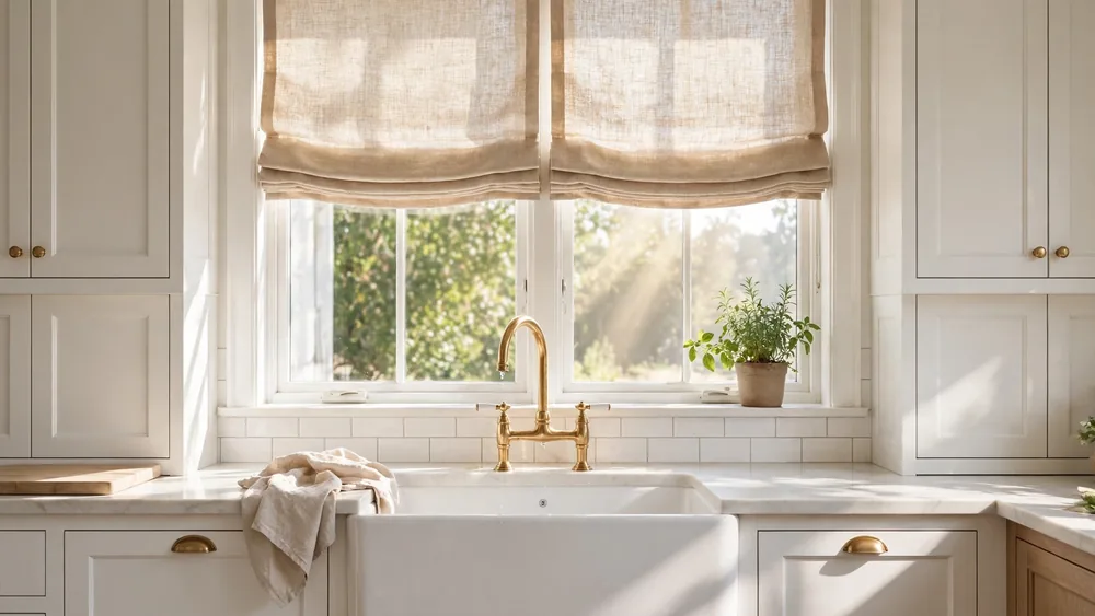 Bright kitchen window with linen roman shades over a farmhouse sink – home decor idea
