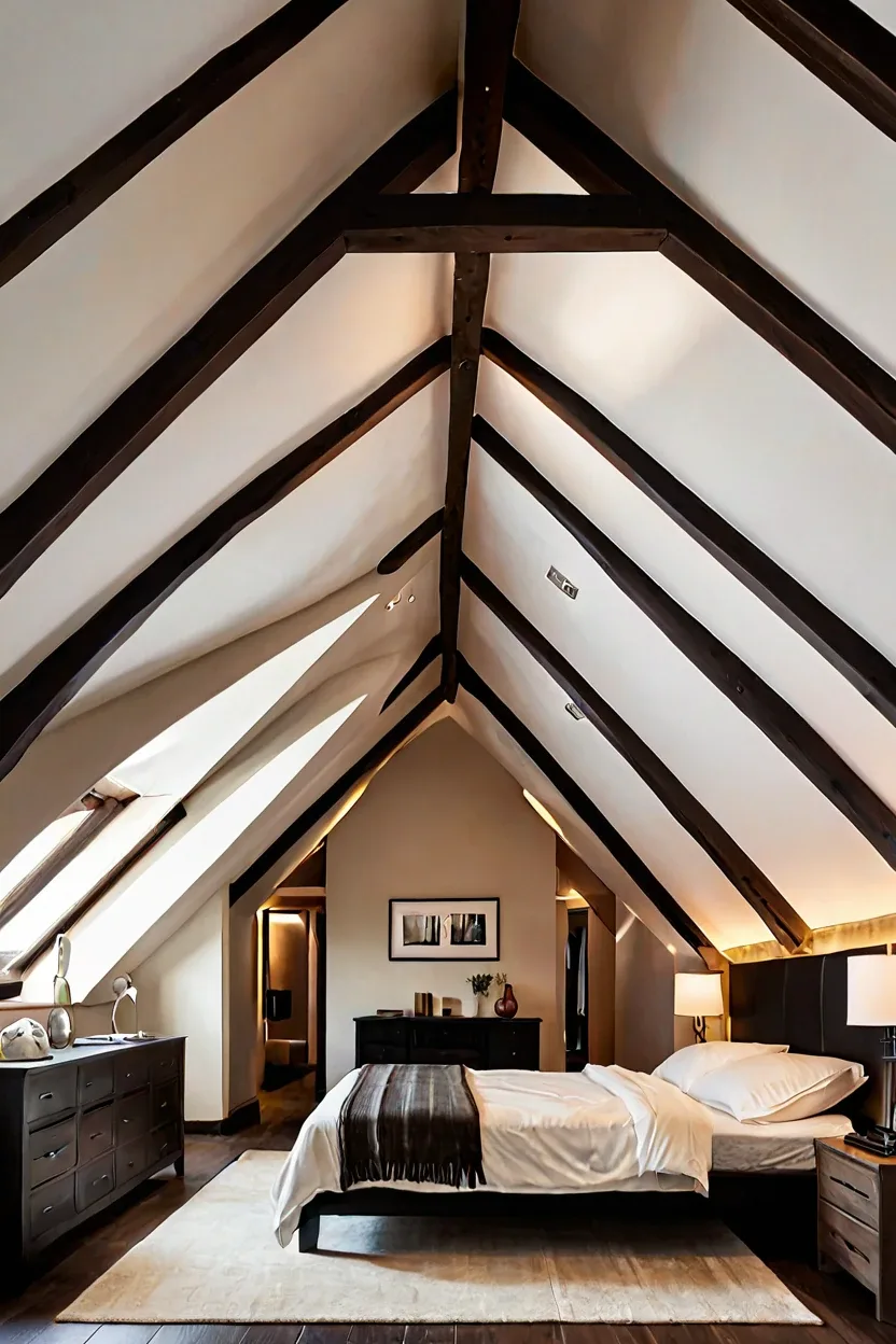 Attic Sloped Ceiling Outline Attic bedroom angled wooden beams outlined with led strip lighting ideas.