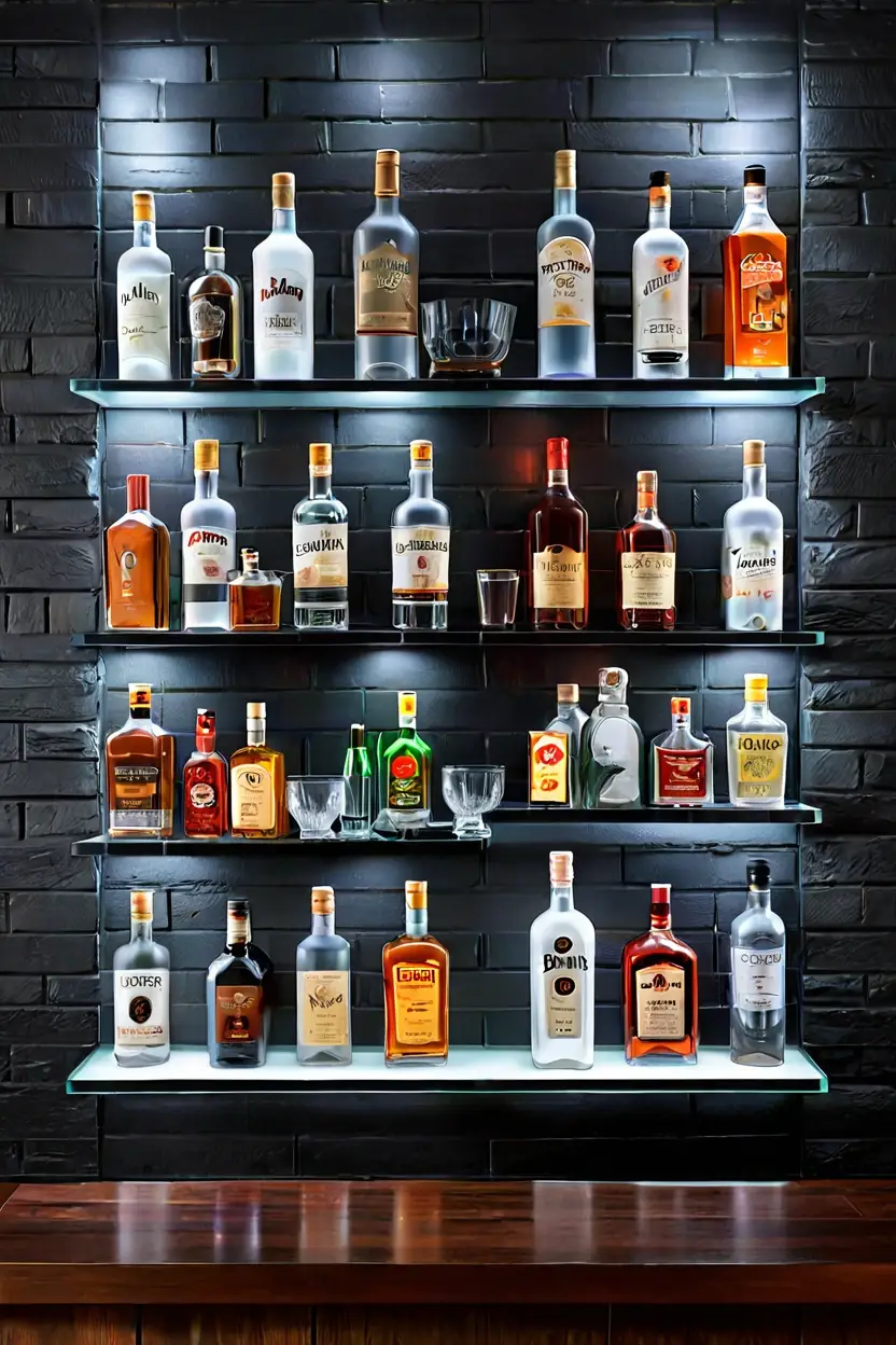 Basement Bar Bottle Display Home bar glass shelving illuminated by colorful led strip lighting ideas.