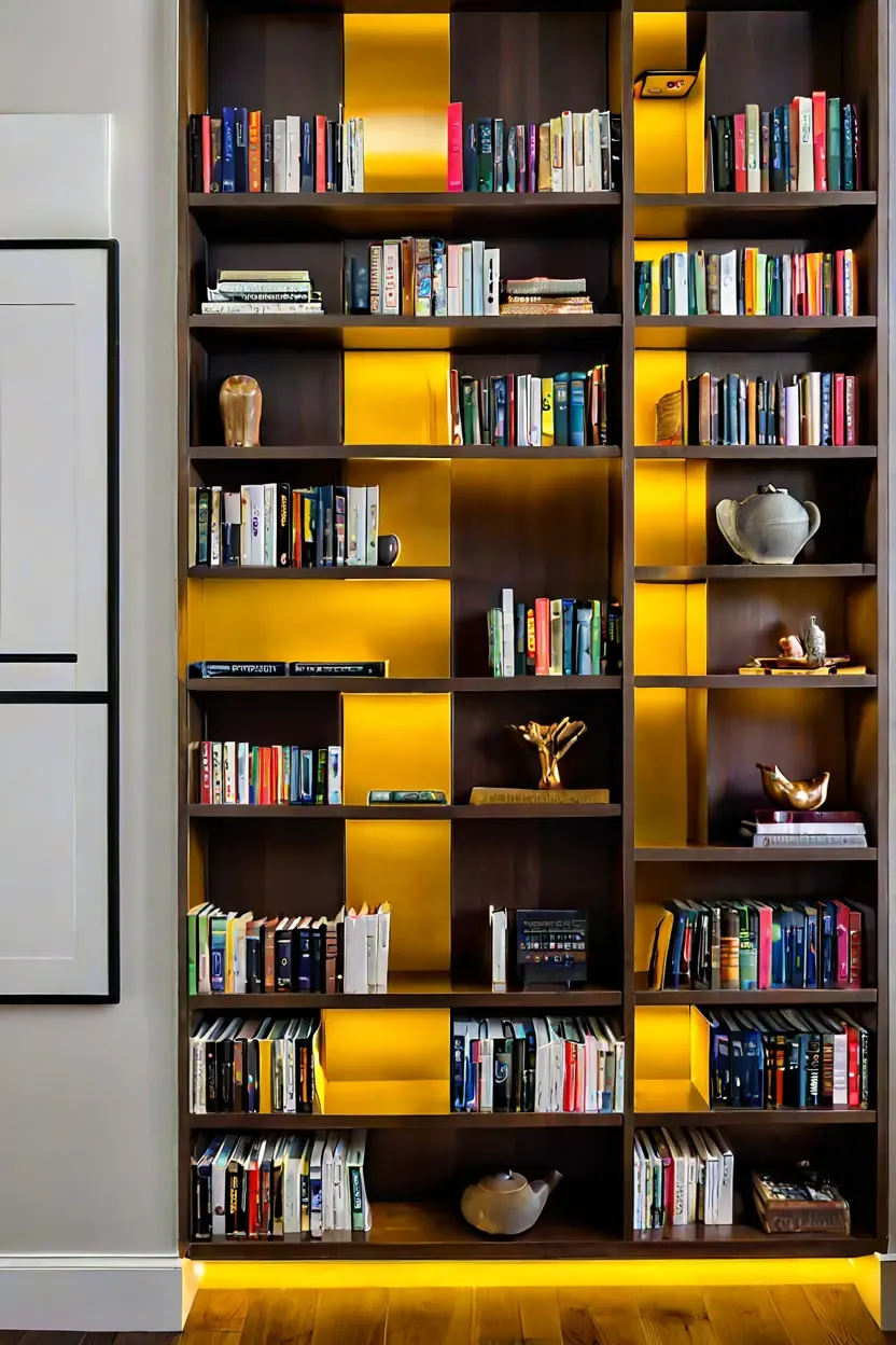 Bookshelf Backlighting Panel Warm led strip lighting ideas highlighting a built-in walnut bookshelf