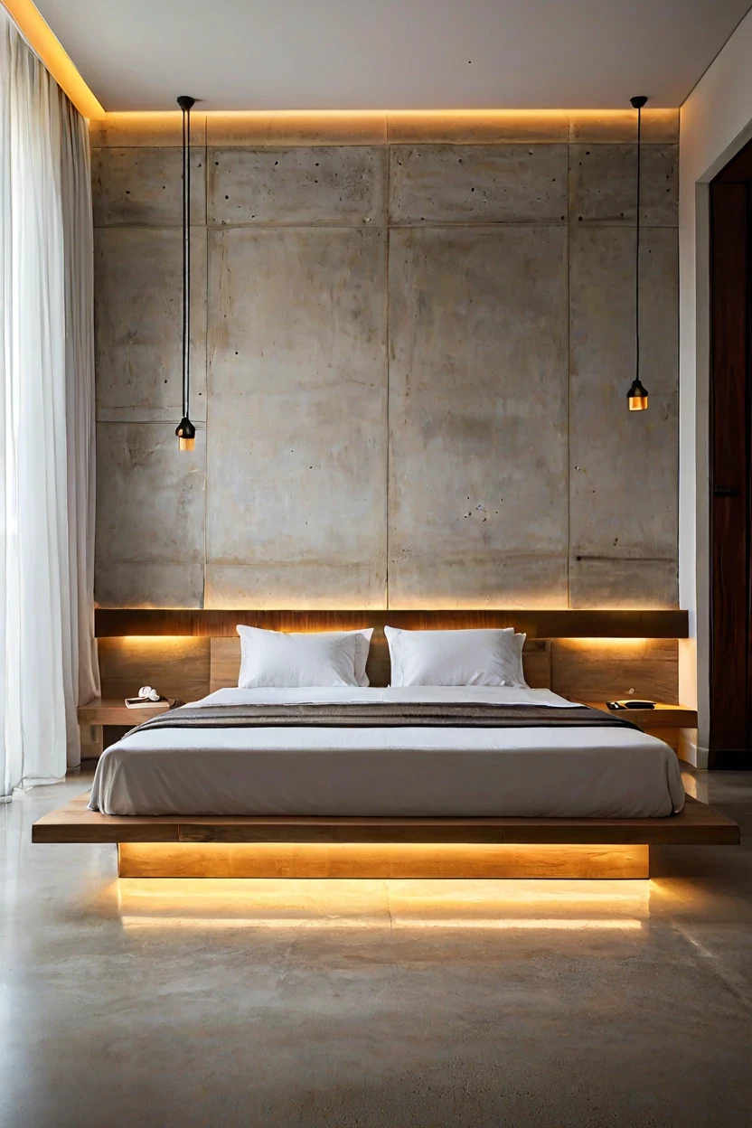 Floating Bed Frame Glow Warm white led strip lighting ideas installed under a modern wooden platform bed