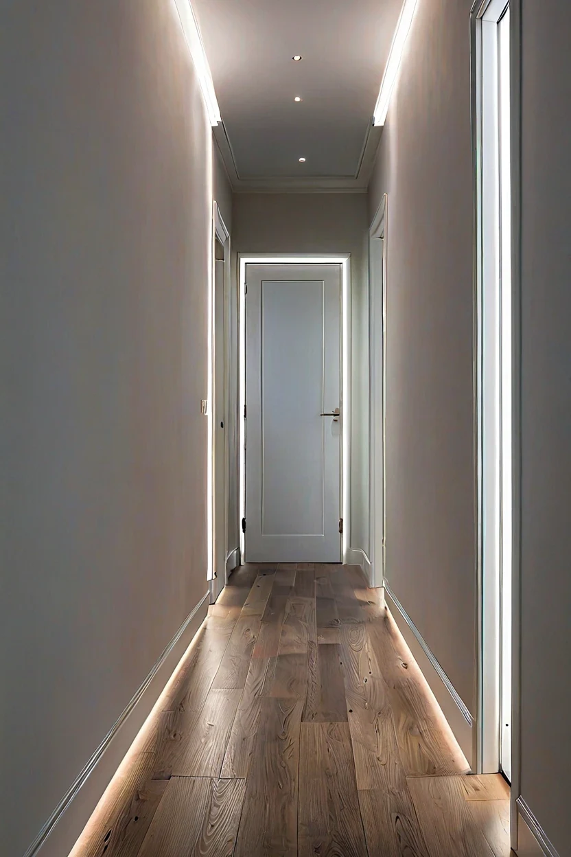 Hallway Baseboard Chase Continuous cool white led strip lighting ideas integrated into hallway baseboards