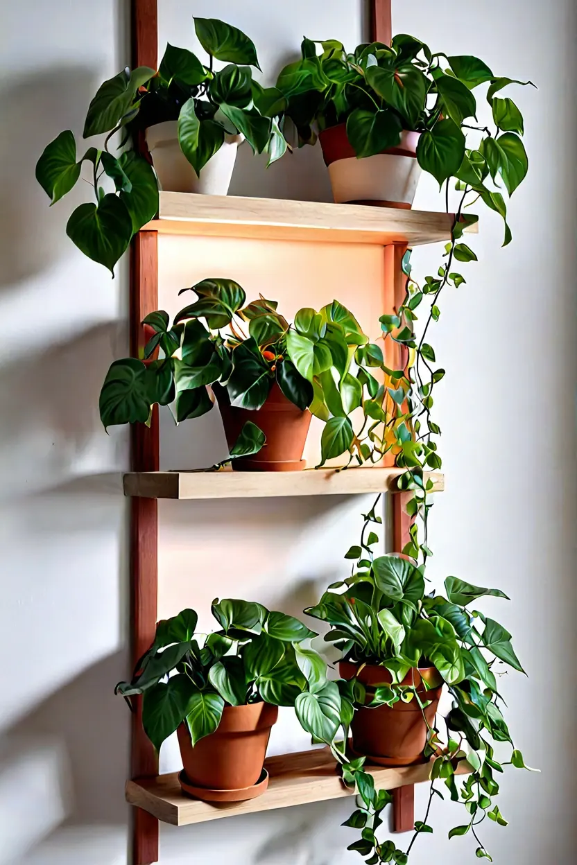 Indoor Houseplant Shelf Backlight Wooden plant shelf highlighted by indoor led strip lighting ideas.