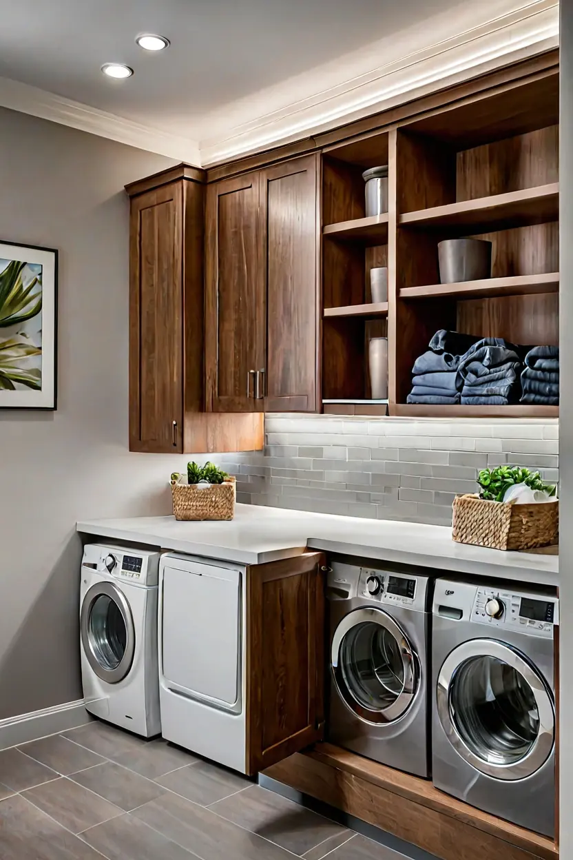 Indoor Laundry Hamper Niche Laundry room sorting niche featuring bright led strip lighting ideas.