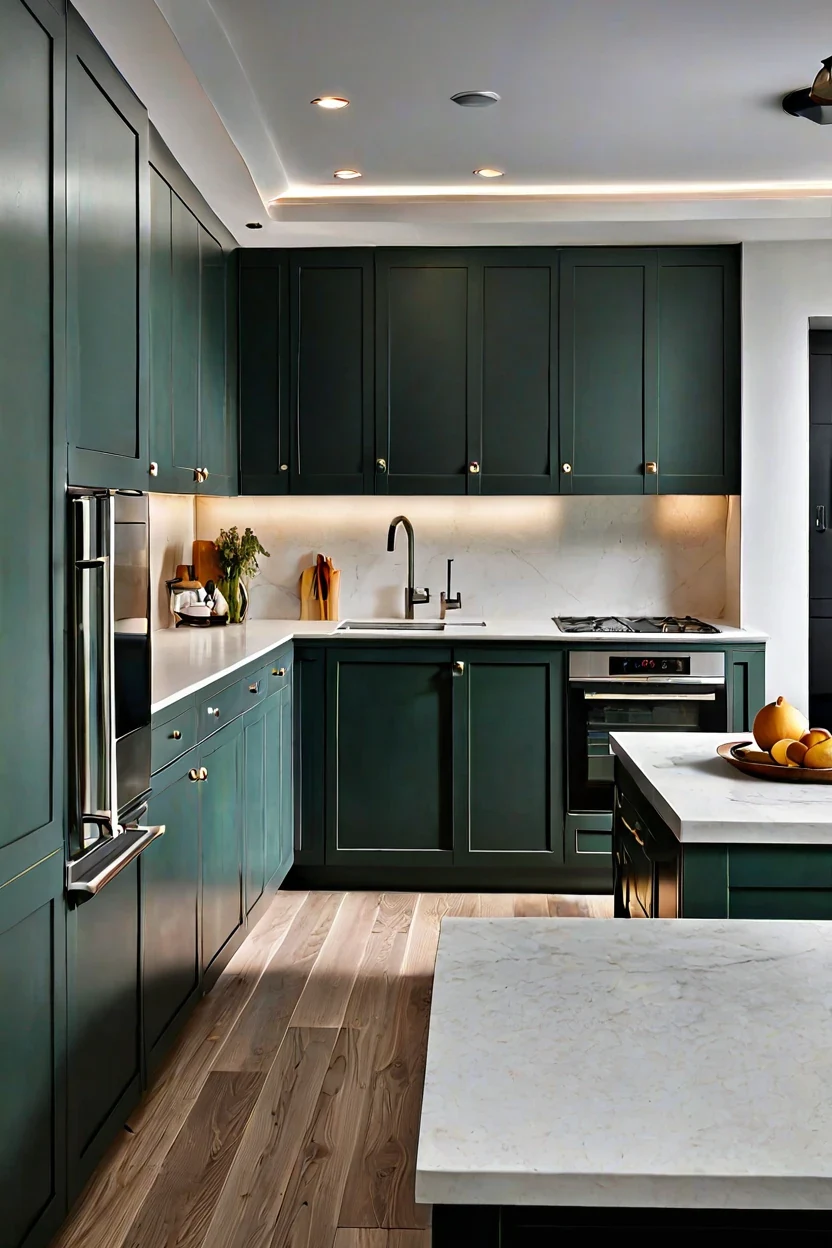 Kitchen Upper Cabinet Accent Neutral led strip lighting ideas placed on top of dark green kitchen cabinets