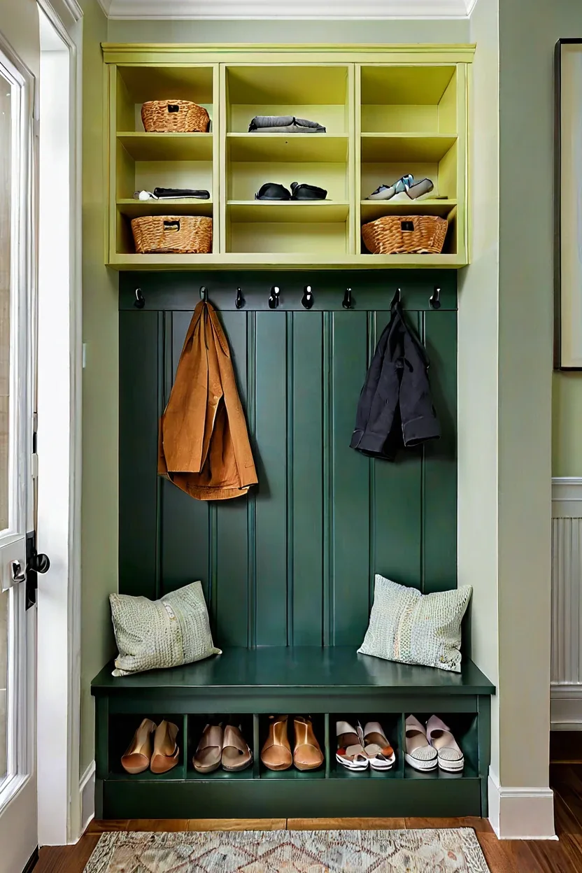 Mudroom Bench Underside Glow Mudroom entryway bench featuring functional led strip lighting ideas.