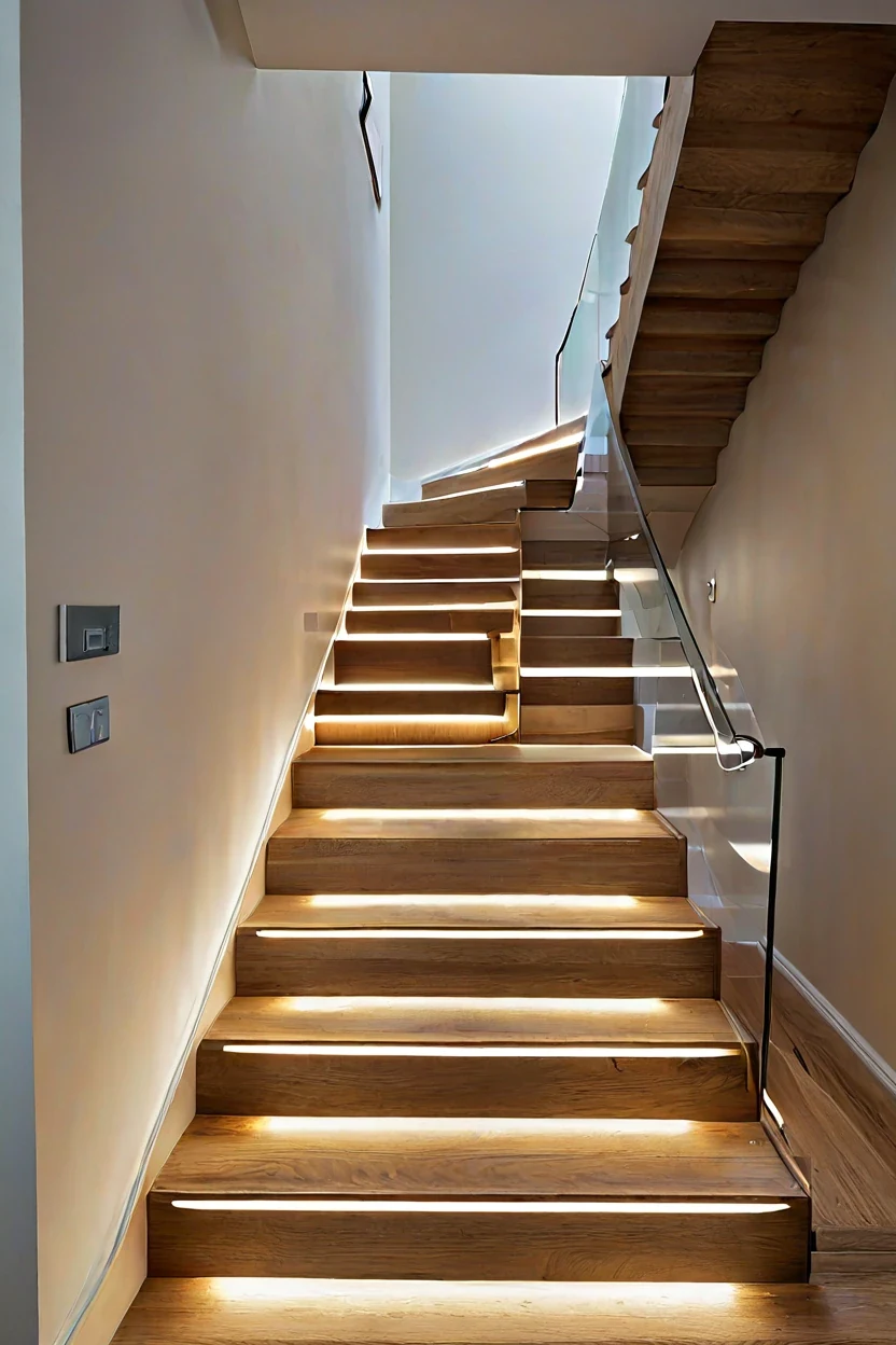 Stair Tread Safety Line Subtle led strip lighting ideas installed under wooden stair treads