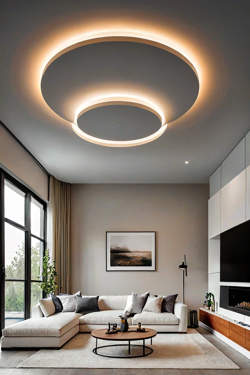 Tray Ceiling Perimeter Glow Tray ceiling featuring soft led strip lighting ideas for ambient living room illumination.
