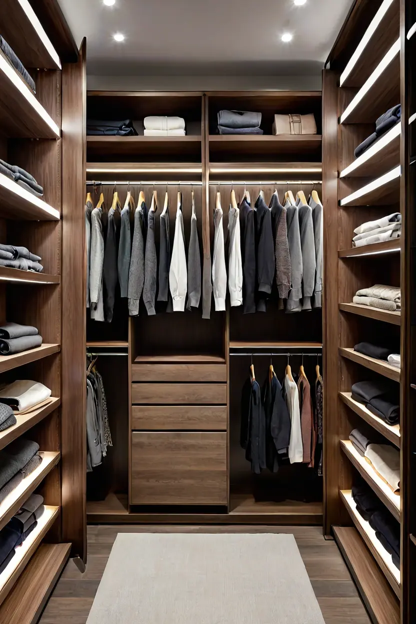 Wardrobe Closet Interior Illumination Warm white led strip lighting ideas illuminating a modern wooden walk-in closet interior.